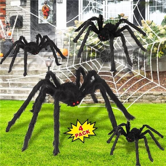 Halloween Spider Decorations Aitey Halloween Scary Giant Spider Set with 4 Large - Picture 1 of 7